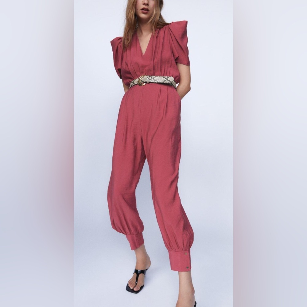 NWOT Zara Jumpsuit Puffy Short Sleeves dark pink cotton pleated cuffed ankles L